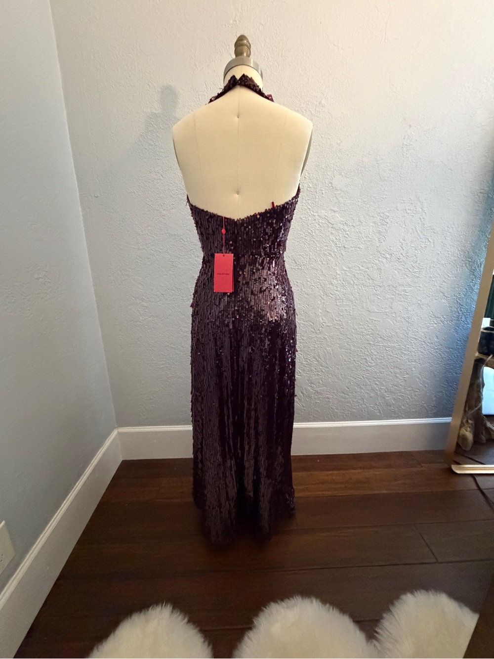 Halston! Burgundy Sequin Halter Gown | Open Back Formal Dress - Picture 4 of 4